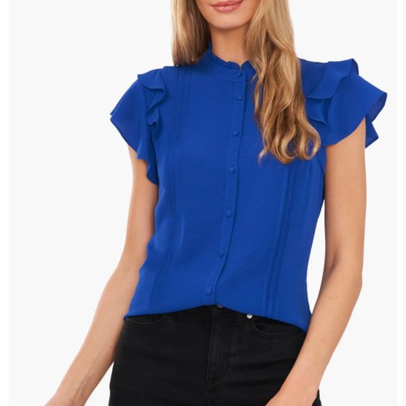 CeCe | Pintuck Ruffle Short Sleeve Blouse - Picture 1 of 5